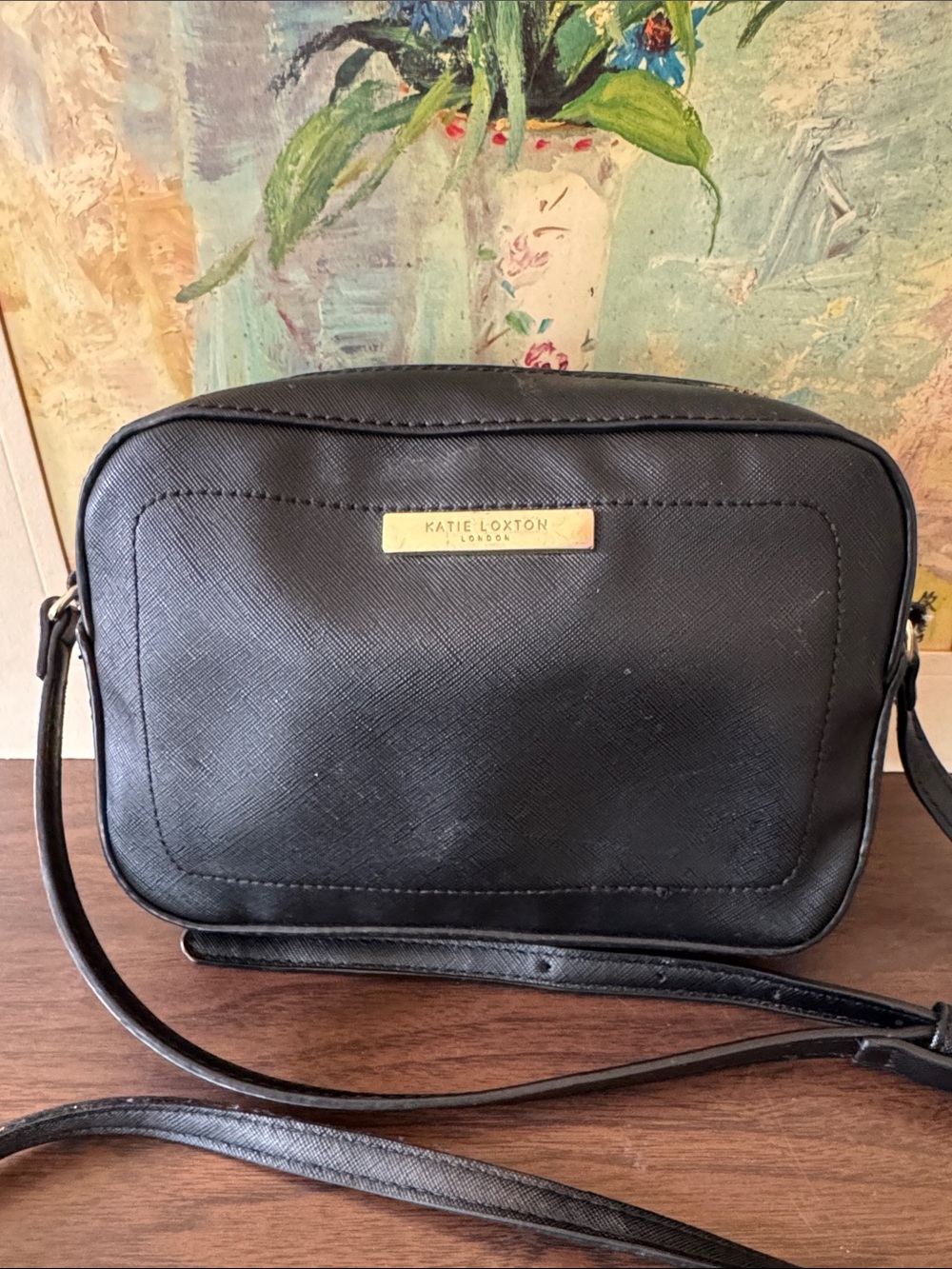 Katie Loxton London Black Saffiano Crossbody Bag Gold Hardware